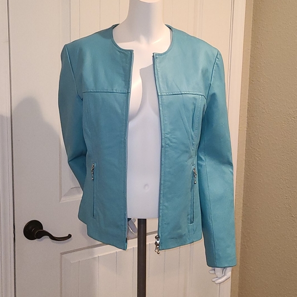 Newport News Jackets & Blazers - Newportnews Turquoise Leather Jacket Sz 12